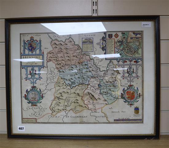 John Speed (1552-1629) hand-coloured engraved map of Breknoke, Thomas Bassett & Richard Chiswell, 38 x 51cm